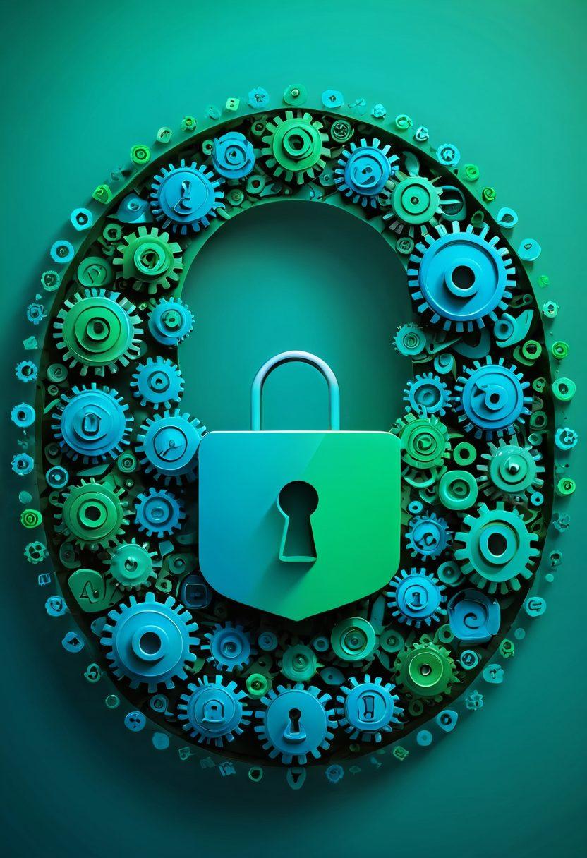 A serene digital landscape featuring a lock symbol made of vibrant email icons, surrounded by floating gears representing customization and privacy settings. In the backdrop, a soft gradient of blue and green hues to symbolize trust and security. Illustrate a step-by-step path leading to the lock, with footprints guiding the viewer. super-realistic. vibrant colors. 3D.