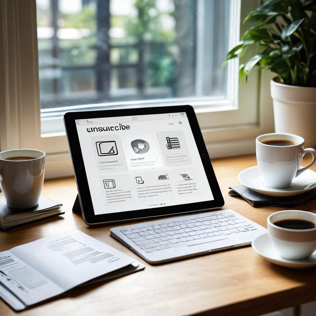 A clean workspace featuring a digital tablet displaying various subscription icons, a simple 'unsubscribe' button glowing prominently. Surrounding the tablet are scattered subscription documents and a coffee cup, symbolizing clarity and efficiency in managing digital consent. Soft natural light filters in through a window, creating a warm and inviting atmosphere. minimalist design, super-realistic, warm colors.