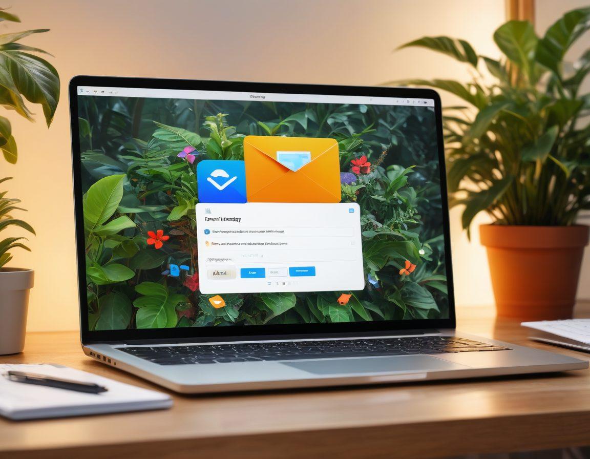 An open laptop displaying a colorful email preferences interface, surrounded by icons representing privacy and security like locks and shields. In the background, a serene workspace with plants and soft lighting to evoke a sense of calm and control. Hands reaching out to adjust settings, symbolizing empowerment in managing email subscriptions. super-realistic. vibrant colors. warm tones.